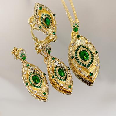 China Italian Craft Environmental Friendly Brushed Devil's Eye Vintage Necklace French Copper Jewelry Set Emerald Earrings Opening Ring for sale