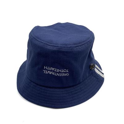 China Wholesale Custom Dobby Embroidered Logo Mens Fisherman Cap Deep Blue Denim Bucket Hat Unisex Unique Button Patch For Woman for sale