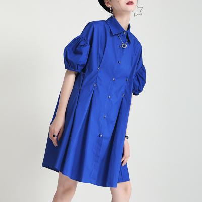 China 2021 summer new trend shirt dress design breathable blue thin button short sleeve puff sleeve dress for sale