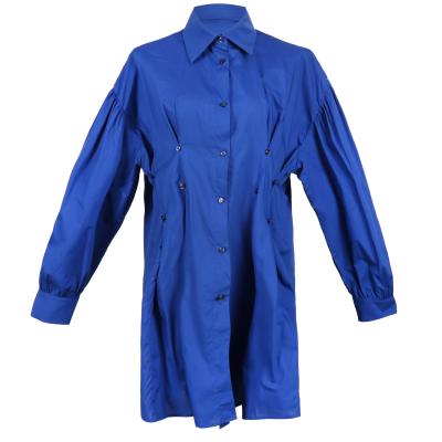 China Breathable Blue Shirt Autumn Women Long Dress 2021 Loose Dress Buttoned Long Sleeve Puff Sleeve Dress 1558 for sale