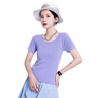 China 2021 Silk Knitted T-shirt ISS Anti-wrinkle T-shirt Round Neck Female Short Sleeve Lace-Up Icing Bow 1432 Slim Lead for sale