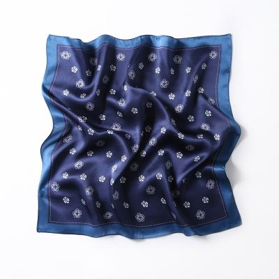 China Eco-friendly Fashionable Elegant Navy Blue Foil Printed Square Woman Scarf 100% Pure Silk for sale