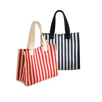 China Hot-selling Reusable Canvas Box Fashion Handbag Shopping Bag Large Capacity Striped Reusable Lunch And Cloth Canvas Bag Cooler Cotton for sale