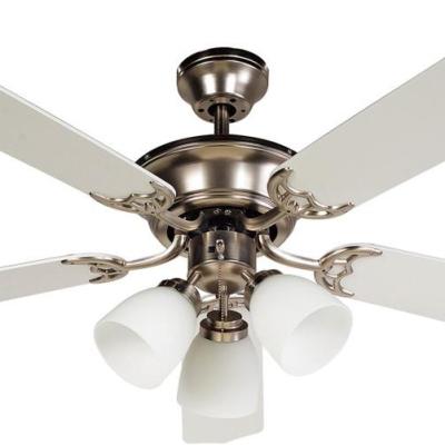 China Lower Noise 52 Inch 3 Light Decorative Brushed Ceiling Fan European Style Air Cooler Nickel With 5 MDF Blades, Include Pull Chain Control for sale