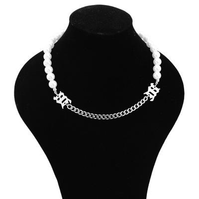 China 2021 TRENDY New Fashion Silver Stainless Steel Cuban Link Chain With Pearl Necklaces For Women Shape Jewelry for sale