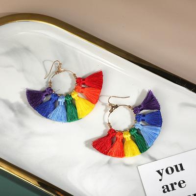 China Hot Sale BOHEMIA Women Boho Rainbow Color Tassel Earrings Shape Big Circle With Gradient Tassel Helix Shaped Earrings for sale