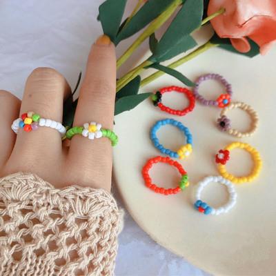 China 2021 Hot Selling Fashion Bohemian Jewelry Handmade Colorful Acrylic Beads Youngly Flower Rings For Women for sale