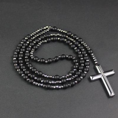 China Hot Selling CLASSIC 2021 Stone Black Matte Agate Round Beads Necklace Energy Stone Hematite Natural Magnetic Cross Stone Pendant Necklaces for sale