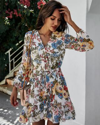 China New Style Anti-wrinkle Chiffon Flower Dresses V-Neckline Long Sleeve Floral Print Casual Women Dress for sale