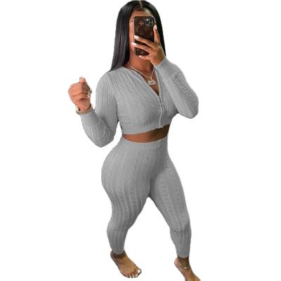 China 2021 New Arrivals Autumn Knitted Zipper Hoodie Cardigan Breathable Bodycon Sweatpants Two Piece Sets Women for sale