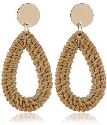 China Trendy Statement Wholesale Handmade Earrings Boho Wood Natural Rattan Knit Straw Stud Earrings For Women for sale