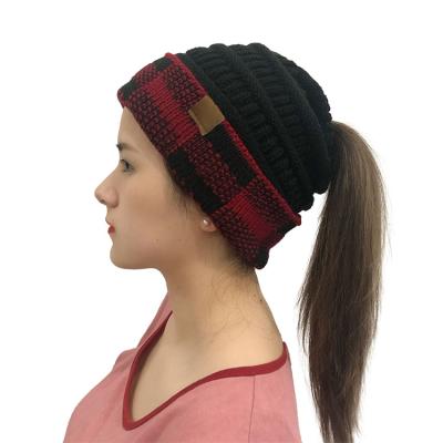 China COMMON OEM Branded Plaid Knitted Woolen Hat Curved Knitted Ponytail Hat Ladies Woolen Hat for sale