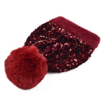 China New Style JOINT Sequins Thickened Wool Heat Detachable Knit Hat For Women for sale