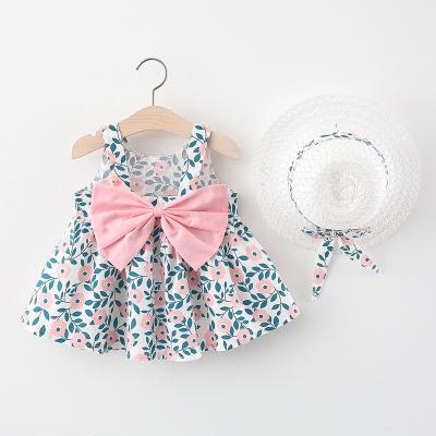 China 2023 Korean hot sale breathable hot sale camisole small big bow dress new summer leaf flowers straw hat girl skirt to send the hat for sale