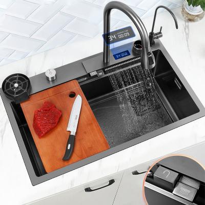 China Free Shipping Free Shipping Topmount Waterfall Sink Kitchen Pull Down Tall Single Slot Wash Basin With Multifunctional Touch Waterfall Faucet for sale