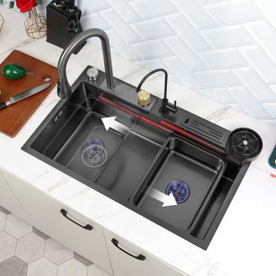 China Free shipping without faucet kitchen sink 304 stainless steel waterfall kitchen sink single bowl stainless steel kitchen sink with tray for sale