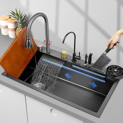 China With Free Shipping 304 Stainless Steel Waterfall Kitchen Faucet Pull Down Tall Single Black With Touch Multifunctional Waterfall Faucet for sale