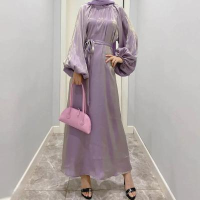 China Elegant Anti-wrinkle Arabic Oman Satin Dress For Women Muslim Abaya Dresses Solid Color Long Sleeve Muslim Islamic Clothing for sale