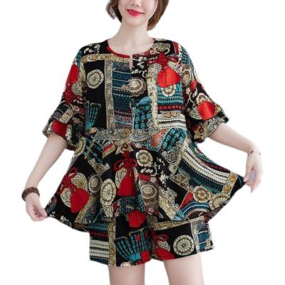 China Anti-pilling Women 2022 summer new temperament thin chiffon print large size two-piece set for sale