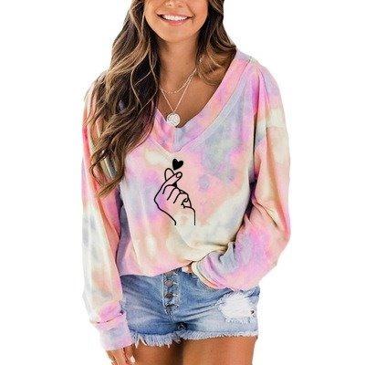 China 2022 Anti-Wrinkle Women's T-shirts Tie Dye Printing Long Sleeve Women's Tops V-Neck Plus-Size Casual T-Shirt for sale