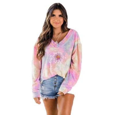 China Anti-Wrinkle Stain 2022 Women's T-shirts Tie Dye Printing Long Sleeve Women's V-Neck Plus-Size Casual T-Shirt OME Tops for sale