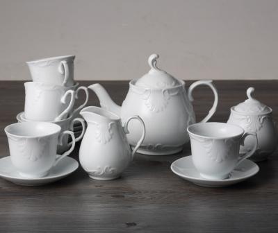 China 15 Pcs Porcelain Coffee Set Viable White Embossed Royal Tea Set for sale