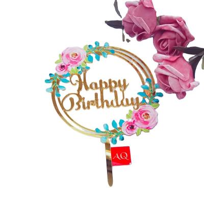 China Beautiful High Quality 1.6mm Thickness Acrylic Flower Printing Happy Birthday Acrylic Cake Topper for sale