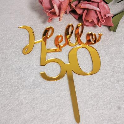 China Gold Acrylic Mirror Hello 16 18 21 30 40 50 60 Acrylic Cake Topper for 30th Fortieth Sixtieth Birthday for sale