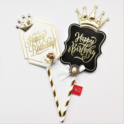 China Crown Paper Rhinestone Happy Birthday Paper Cake Topper with Straw Cake Topper for Birthday Decoration for sale