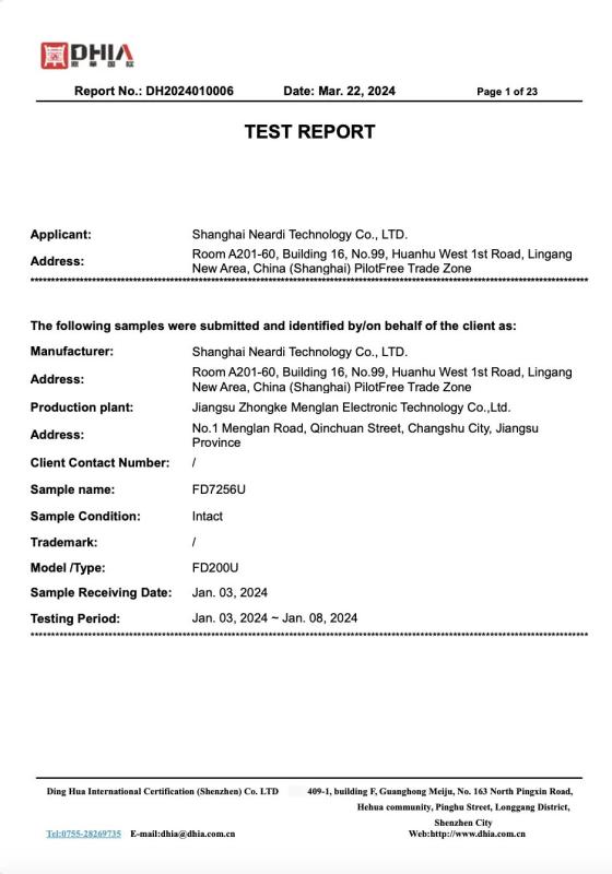 TEST REPORT - Shanghai Neardi Technology Co., Ltd.