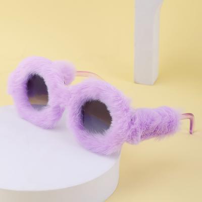 China Round 2022 Round Fur Velvet Party Sun Glass Plush Fashionable Punk Handmade Soft Oversized Sunglasses For Women for sale