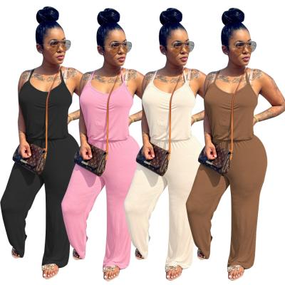 China 2021 Fashion Solid Color Cotton Fabric Anti-Wrinkle Casual Drawstring Sling Loose Wide Leg Overalls for sale