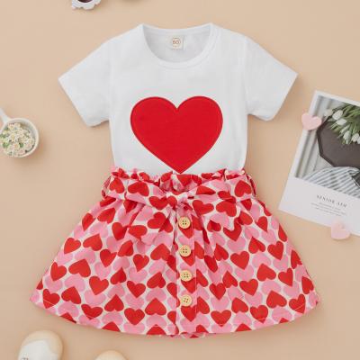 China 2022 Breathable Baby Clothes 6 Months To 4 Years Old Cotton T-shirt High Quality Heart Printed Skirt Summer Kids Girls Clothing Sets for sale