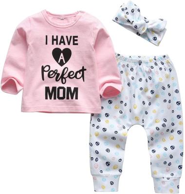 China Casual 3Pcs Baby Clothing Set Outfits Long Sleeve T-Shirt Tops Flowers Pants With Headband for sale