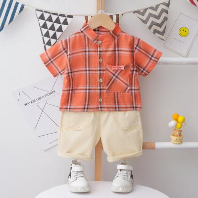 China Hot Selling Kid Boys Plaid Short Sleeve Shirt Solid Shorts 6M To 3Y Summer Clothing Sets For Baby Boy for sale