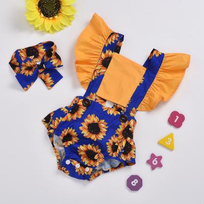 China Hot Selling 3M To 18M Floral Printing Infant Rompers Summer Ruffle Floral Printing Romper With Headband Baby Rompers for sale