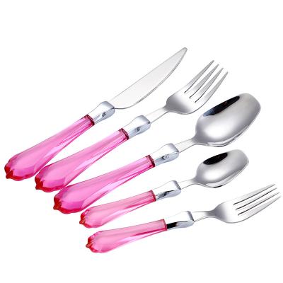 China Sustainable Vintage 5pcs Flatware Set with Clear Acrylic Pink Color Handle Classics Design Plastic Handle Cutlery Set for sale