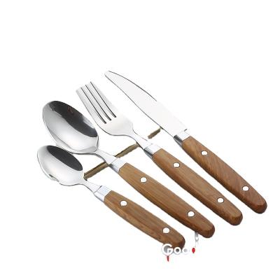 China Color Polish Wooden Mirror Handle Stainless Steel Fork Spoon Knife Plastic Flatware Set For Restaurant Party Hotel for sale