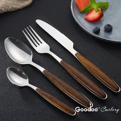 China New Design Viable Wood Color Plastic Handle Spoon Fork Knife Cutlery Set Stainless Steel Flatware Set For Restaurant Party Hotel for sale