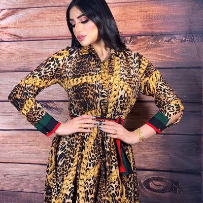 China Polyester Matchyou Catfan Color Block Plus Size Abaya Dubai Muslim Kaftan Blouse Dress Leopard Muslim Blouse for sale