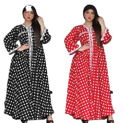 China Women Ethnic Muslim Abaya Dress Polyester Matchyou Clothing Dubai Red Dot Kaftan Dresses Moroccan Jalabiyas for sale