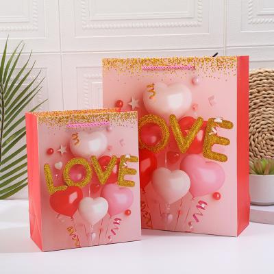 China Luxury Custom Pink Red White Border Gold Balloon Heart Valentine's Day Gift Recyclable Personalized Paper Bags With Logo for sale