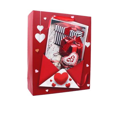 China Recyclable Valentines Day Black And White Stripes And Red Gift Box Pattern Drawstring Custom Makeup Paper Gift Bags With Logo for sale