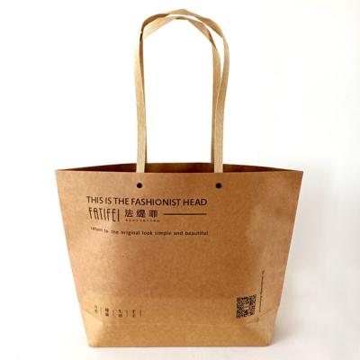 China Custom Logo Recyclable Recycled Flat Bottom Brown Kraft Paper Handle Bag For Shopping Package for sale