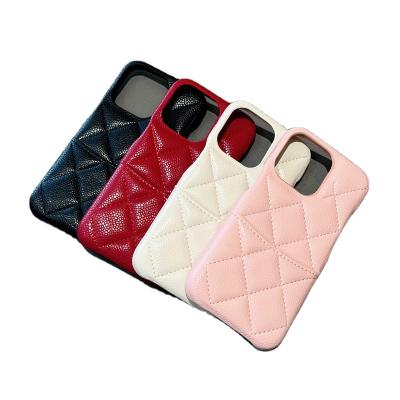 China With Stand iPhone New Caviar Phone 13promax Leather Case With Credit Card Clip Diamond Lattice Creative 14plus Phone Case for sale