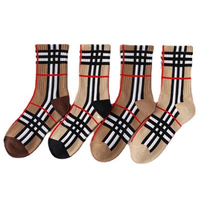 China Antibacterial British Style Plaid Sports Bangs Women Street Fashion Stretching Mid Calf Cotton Socks for sale