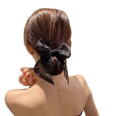 China Fashion Black Organza Hair Accessories Sweet Elegant Girl Elastic Hair Band Ponytail Holder Pearl Bow Tie for sale