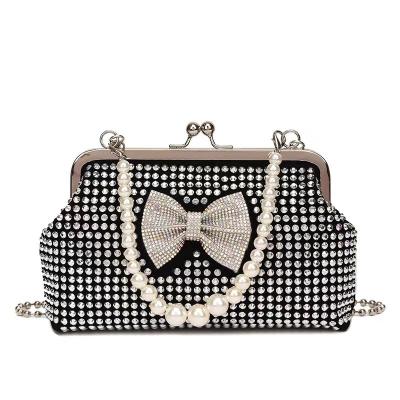 China 2022 fashion diamond bow bead handle purse blingbling women beaded cross-body chain square bag simple shoulder slope handbags for sale