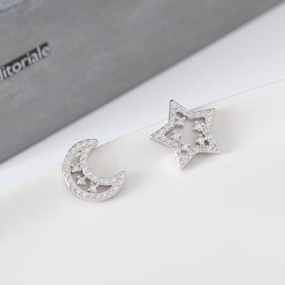 China Cute 925 CZ Crescent Silver Earrings Statement Asymmetry Tiny Moon Earings For Women Jewelry for sale