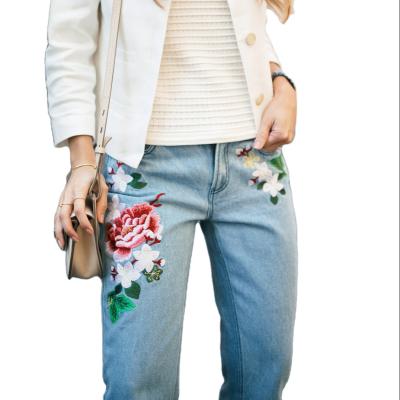 China New waterproof blue cotton pastoral embroidery rose loose straight-leg jeans denim pants for sale